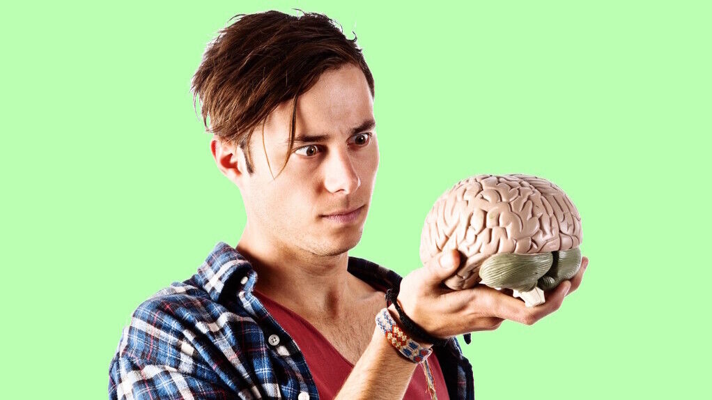 Junger Mann hält Gehirn aus Plastik in der Hand